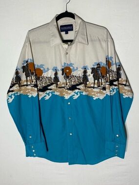 Vintage 90s Panhandle Slim Cowboy Border Print Pearl Snap Western Shirt L